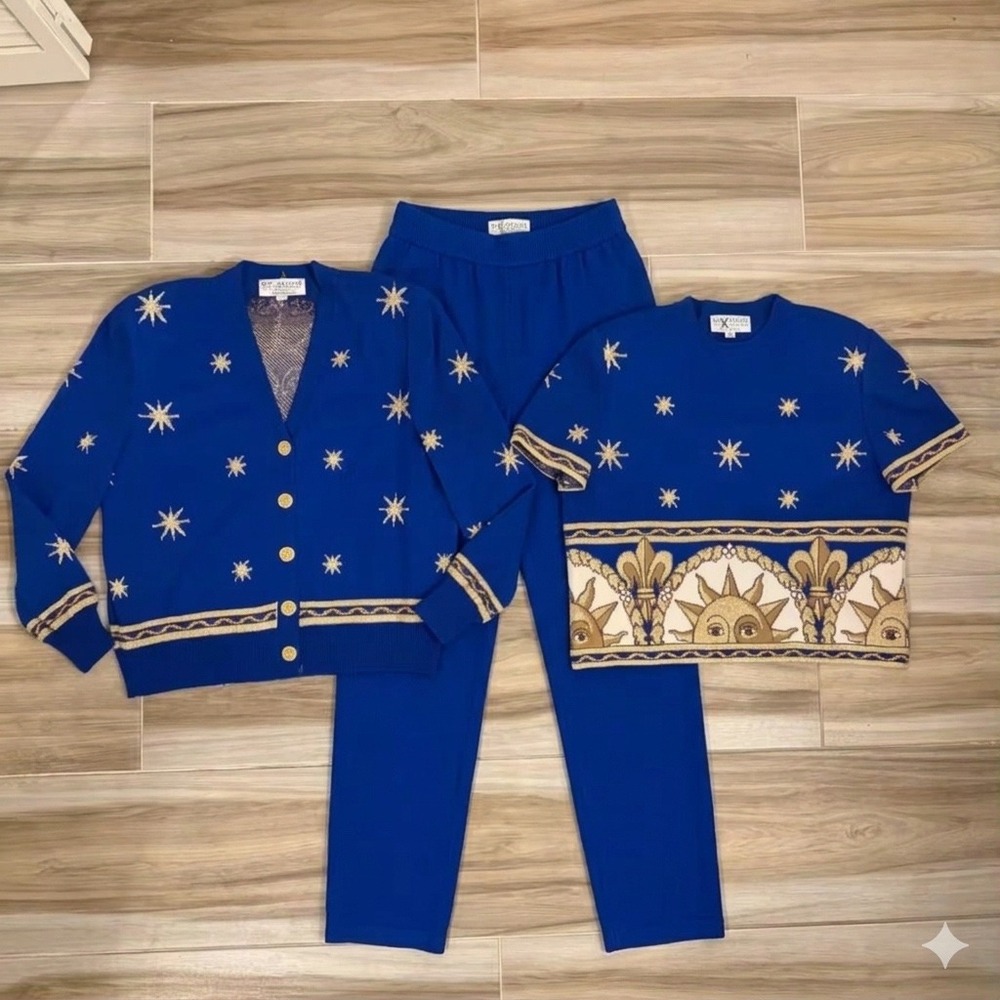 St John Sportswear Marie Gray 3pc Knit Set Royal Blue Gold Sun Star Celestial S